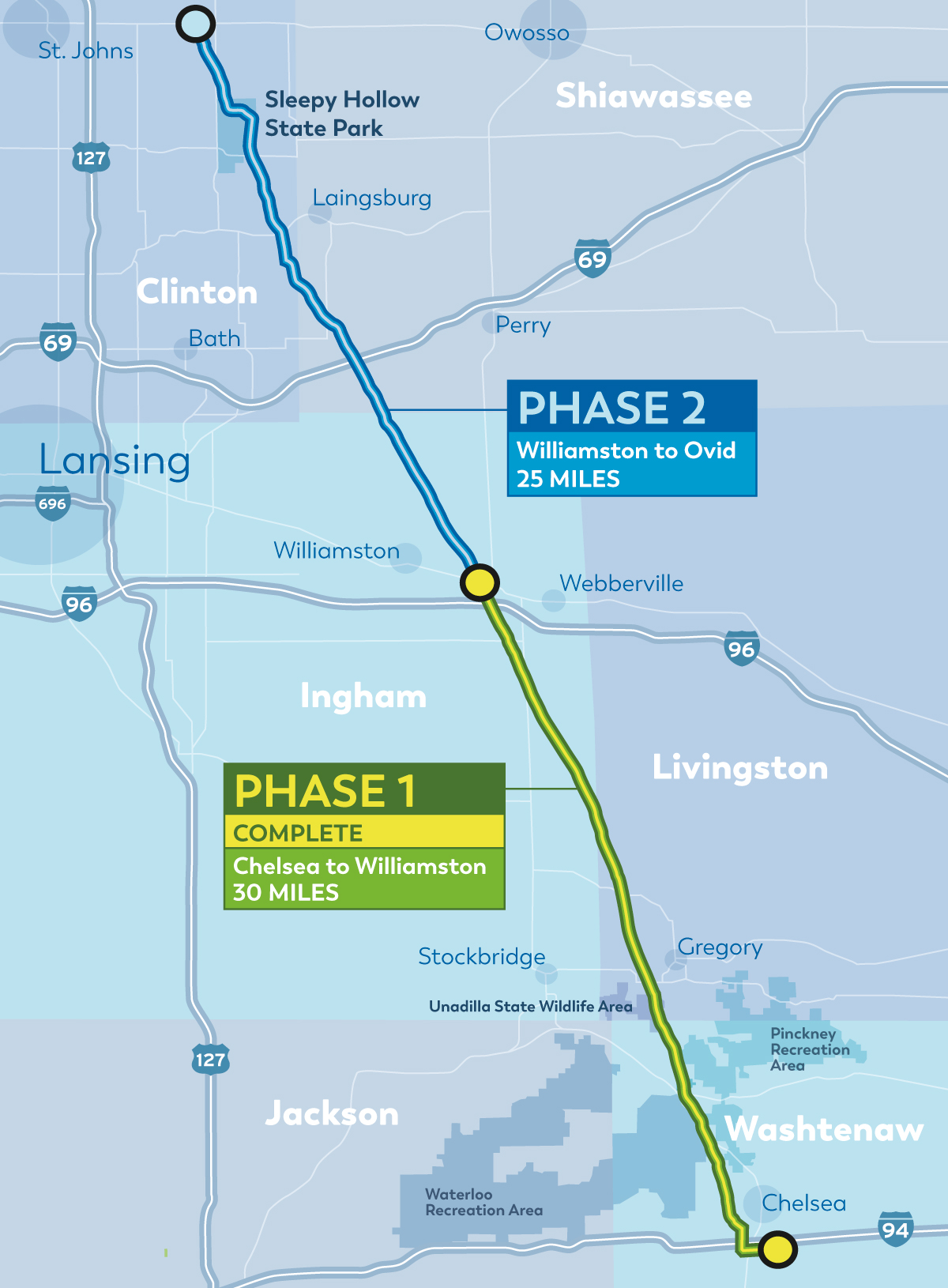 Map of the two phase Mid Michigan natural gas pipeline modernization project